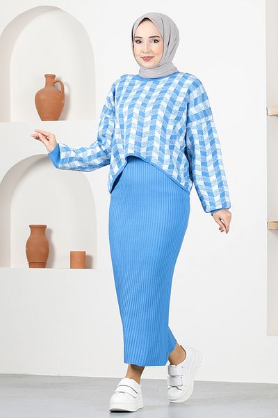 ModaMerve Set de tricotaje din două piese cu rochie MSL5812 Albastru