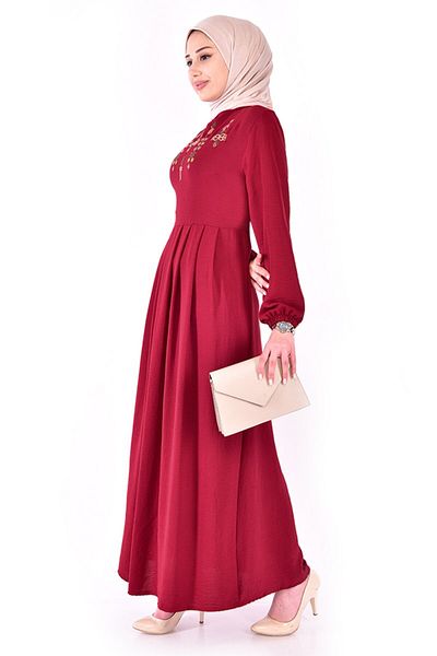 ModaMerve Claret Red Κέντημα Λεπτομερές Φόρεμα - Asn2171