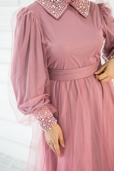 ModaMerve Rochie de seara din tul cu curea Dried Rose Asm2479