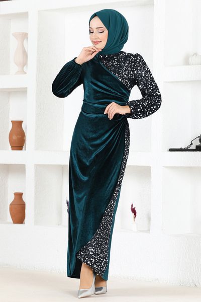 ModaMerve Emerald Sequined Velvet Evening Dress - ASM2638