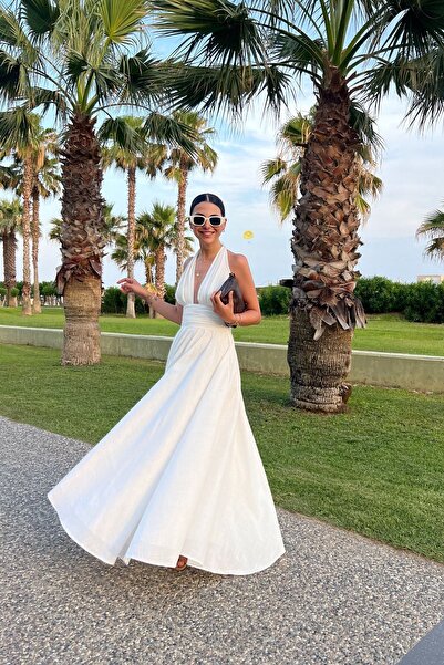 Seda Yalçın Atelier Beyaz Puglia Tasarım Sırt Detaylı Keten Elbise