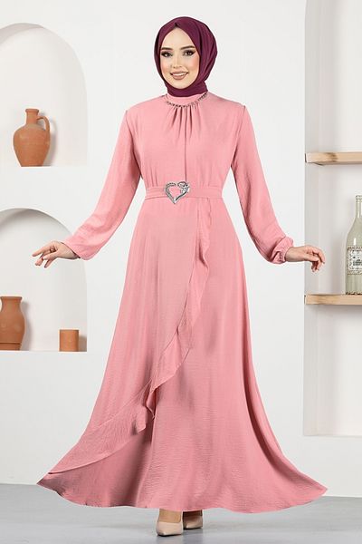 ModaMerve Φόρεμα με ζώνη ASN128 Dusty Rose
