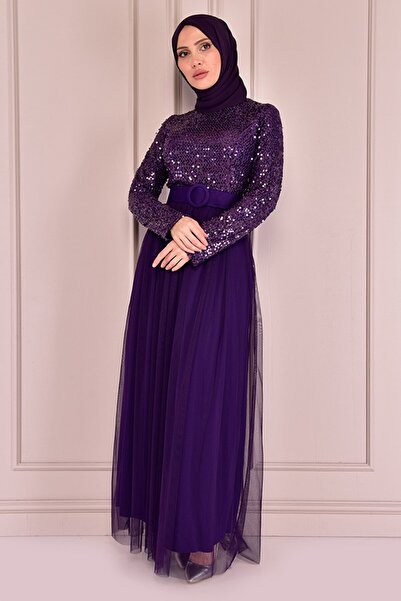 ModaMerve Фіолетова вечірня сукня з паєтками Knc6065