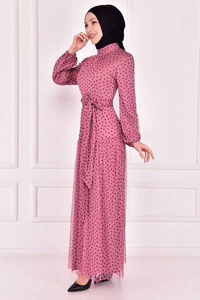 ModaMerve Belted Tulle Dress Dried Rose Asm2444