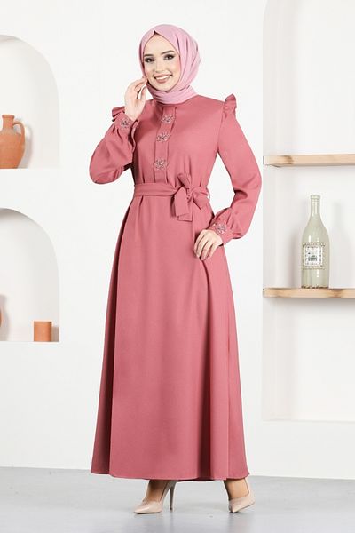 ModaMerve Φόρεμα με ζώνη ASN129 Dusty Rose