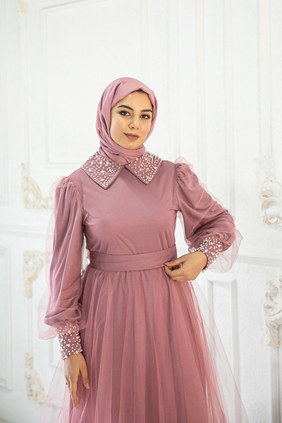 ModaMerve Rochie de seara din tul cu curea Dried Rose Asm2479
