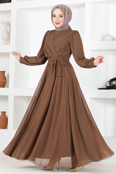 ModaMerve Brown Chiffon Evening Dress - END5525 Model