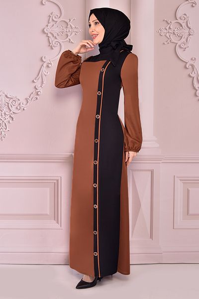 ModaMerve Button Detail Dress Tan Asm2460
