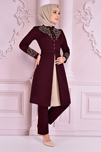 ModaMerve Claret Red Combination Asm2506 - Button Detailed