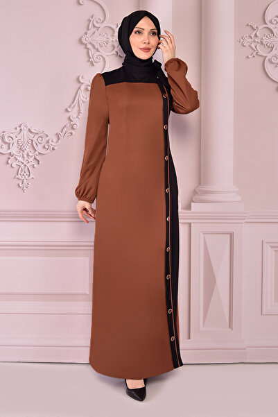 ModaMerve Button Detail Dress Tan Asm2460