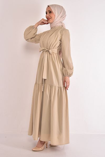 ModaMerve Belted Dress Beige ASM2625
