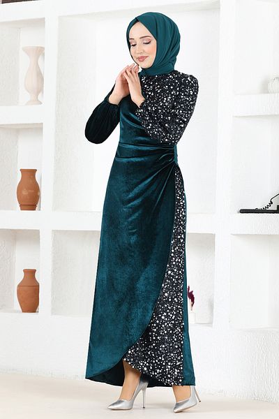 ModaMerve Emerald Sequined Velvet Evening Dress - ASM2638