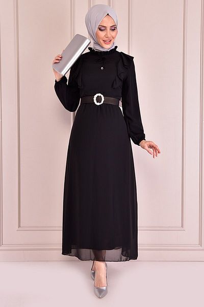 ModaMerve Black Chiffon Belted Dress - Efs12441