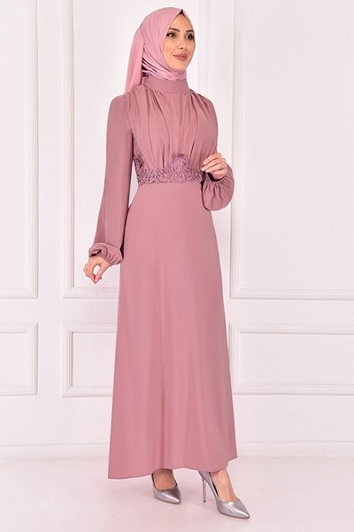 ModaMerve Powder Color Guipure Detailed Dress - Asm2387