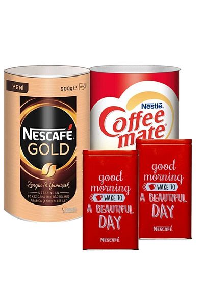 Nescafe 900 Gr Gold Granular Coffee and 2 kg Coffee Mate Coffee Cream - Metal Storage Box 2 Pieces