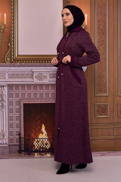 ModaMerve Asm2528 Model Hooded Ferace - Plum