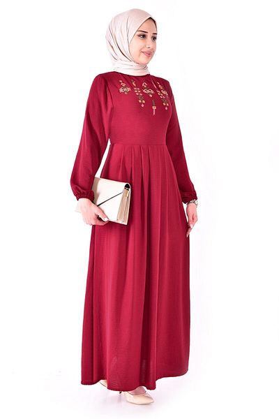 ModaMerve Claret Red Κέντημα Λεπτομερές Φόρεμα - Asn2171