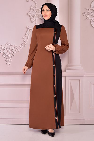 ModaMerve Button Detail Dress Tan Asm2460