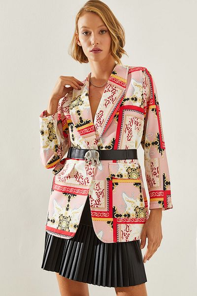 Bianco Lucci Patterned Belted Lined Women's Blazer Jacket - 2207 60251760