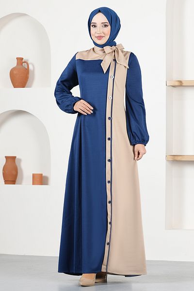 ModaMerve Button Detail Dress Indigo Asm2460