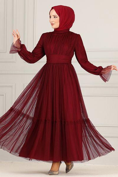 ModaMerve Belted Chiffon Evening Dress END5521 Claret Red