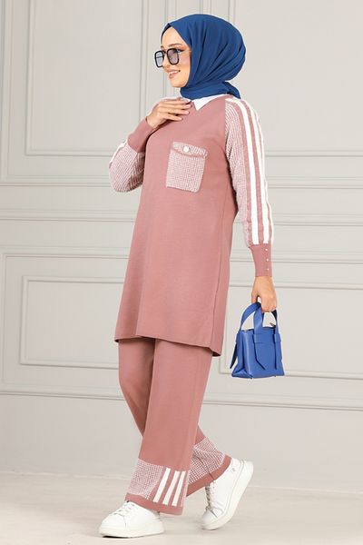 ModaMerve طقم تريكو مزدوج من Dried Rose - Msv5426