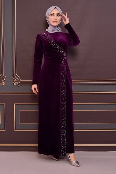 ModaMerve Plum Velvet Evening Dress - Asm2407 Model