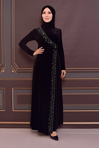 ModaMerve Black Velvet Evening Dress - Asm2407 Model
