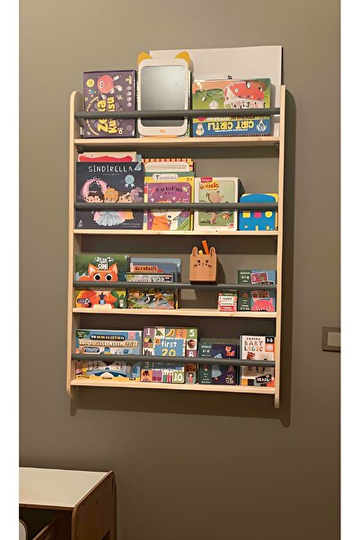 MrtAhşap Montessori Kitaplık Geniş Model Yuvarlak Çıtalı 70 cm(gri)