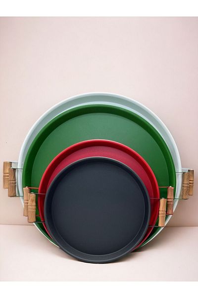kitchen trend 4 قطع 51 أبيض، 45 أخضر، 37 أحمر، 30 أسود صينية معدنية مع مقابض خشبية مجموعة صينية تقديم صينية الشاي