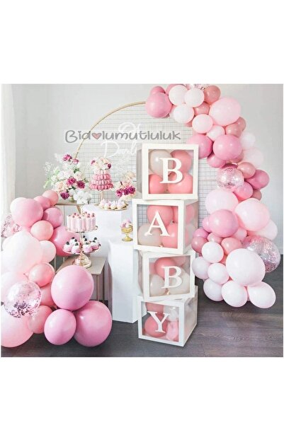 BİDOLUMUTLULUK Baby Yazılı Balon Kutusu Seti Pembe Renk Doğum Günü Kutlama