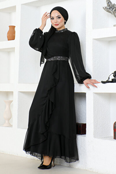 ModaMerve Black Chiffon Evening Dress - END5608 Model