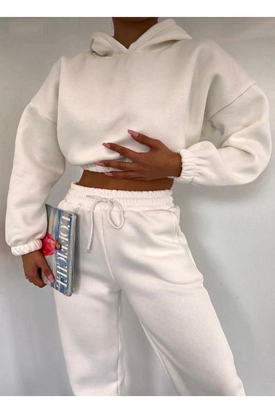 NO 601 White Hooded Crop Sweatpants - Γυναικείο Σετ