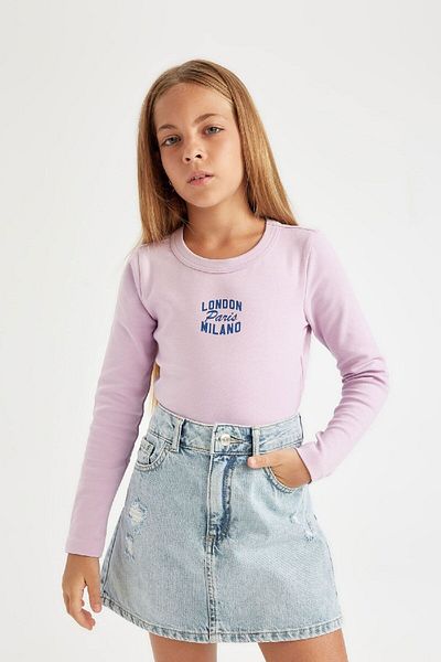DeFacto Girl's Crew Neck Text Printed Ribbed Camisole Long Sleeve T-Shirt C7464A824Au