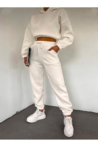 NO 601 White Hooded Crop Sweatpants - Γυναικείο Σετ