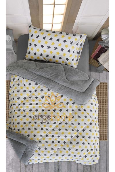 argehome Yellow Star - Single, Double-Sided Plush Quilt and Pillow Set