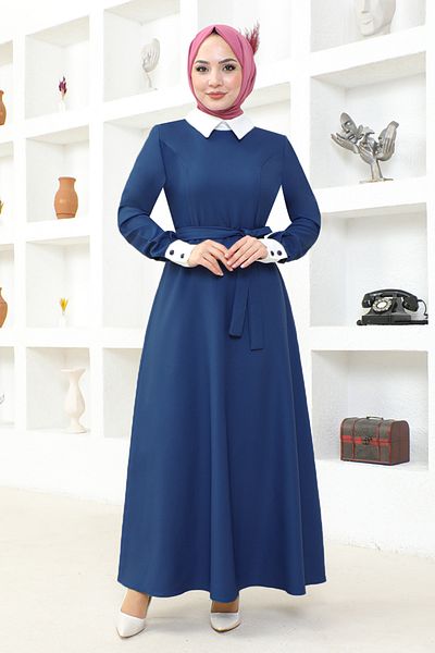 ModaMerve Belted Dress ASM2687 Indigo