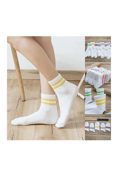 REYNBOO SOCKS 6 чифта унисекс бели с различни цветове раирани колежански чорапи, които могат да се перат