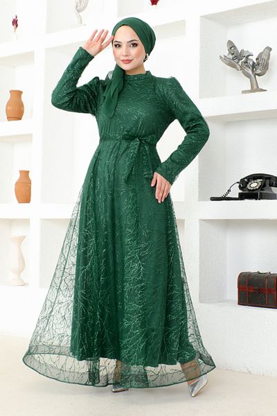 ModaMerve Βραδινό Φόρεμα Glitter Tulle END5592 Emerald