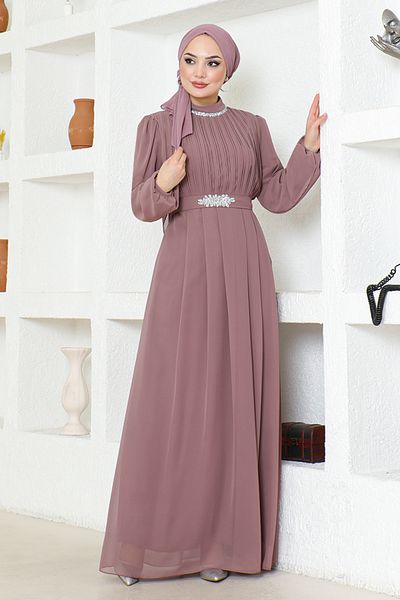 ModaMerve LPN6056 Μοντέλο Βραδινό Φόρεμα Σιφόν - Σχέδιο Dusty Rose