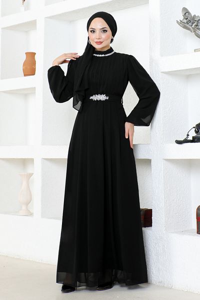 ModaMerve Black Chiffon Evening Dress - LPN6056 Model