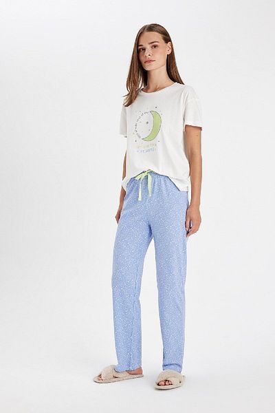 DeFacto Stretchy and Printed Crew Neck Pajamas Set - Short Sleeve, Waist Pattern C4993Ax24Au