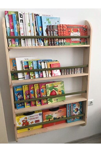 MrtAhşap Montessori Kitaplık Geniş Model Yuvarlak Çıtalı (haki Yeşili)