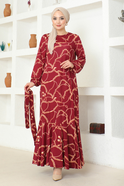 ModaMerve Φόρεμα με μπορντό φύλλο - DVL234