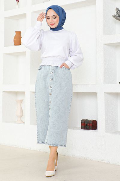 ModaMerve FLR213 Model Blue Denim Skirt - Elastic Waist