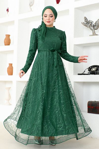 ModaMerve Βραδινό Φόρεμα Glitter Tulle END5592 Emerald