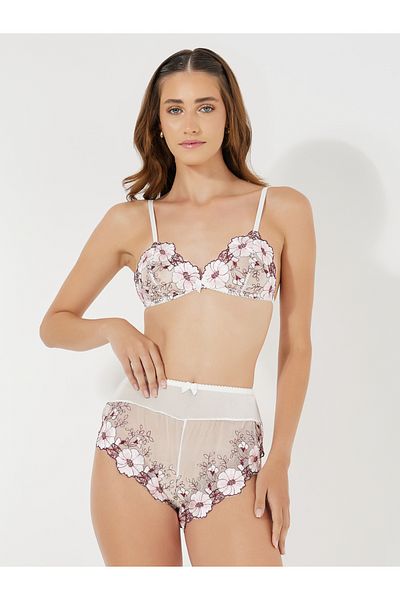 Styli Contrast Floral Embroidered Mesh Bralette & Shorts Set