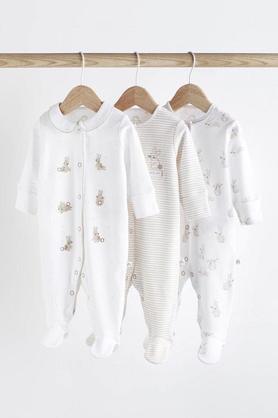 Next Baby 100% Cotton White Rabbit Patterned 3-Piece Overalls Set