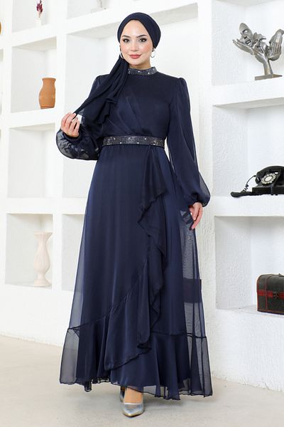 ModaMerve Βραδινό φόρεμα Navy Blue Chiffon - Μοντέλο END5608
