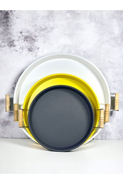 kitchen trend 3 Pieces 45,37,30 Cm Metal Tray with Wooden Handle Presentation Tray Set